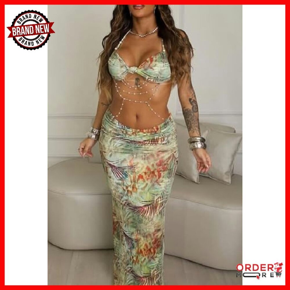 Women's Two Piece Maxi Skirt Set Ruched Backless Crop Top Pearls Chain Decor - Picture 7 of 8